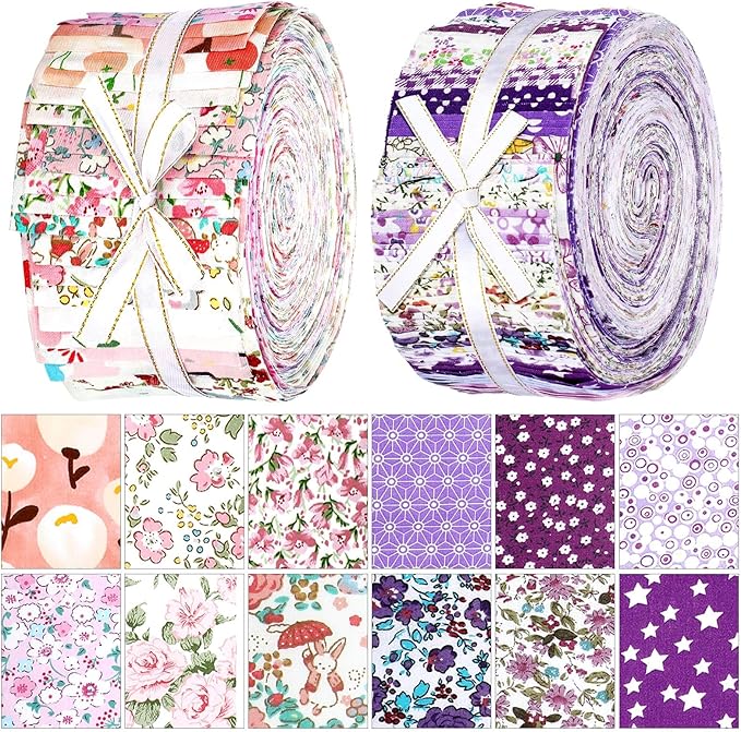 Ganeen 100 Pcs Pink Purple Floral Quilting Fabric Roll 2. 56 Inch Fabric Squares Jelly Patchwork Precut Strips Bundles for Holiday Materials Craft DIY Sewing Cloths