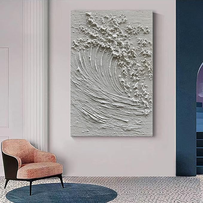 NANKAI Art Hand-Painted 3D Ocean Waves Oil Painting Natural Scenery White Abstract Canvas Art Mural 45x30 Inches
