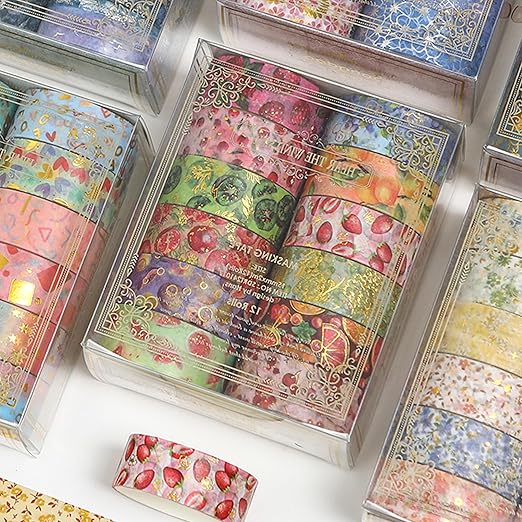 12 Rolls Charming Washi Tape Set Gold Silver Foil Detailing Arts Adhesive Tapes Basic Patterns Decorative Masking Tape Sets for Craft, Kids, Scrapbook, DIY, Gift Wrapping (Fruits Feast)