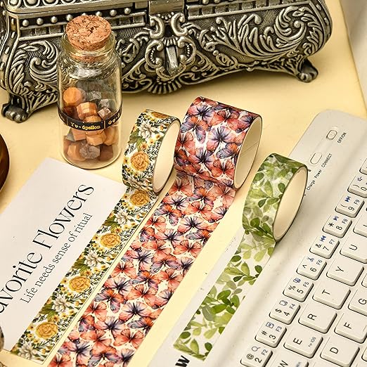 8 Rolls Retro Washi Tape Set Vintage Arts Adhesive Tapes Wide Painting Patterned Decorative Masking Tape Sets for Craft, Kids, Scrapbook, DIY, Gift Wrapping (Watercolor Ink)