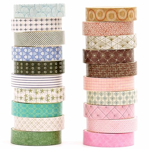 YUBX Simple Geometric Washi Tape Set 20 Rolls Minimal Patterns Decorative Thin Masking Tapes for Arts, DIY Crafts, Journals, Planners, Scrapbook, Wrapping (3 Jewel Tone)