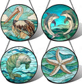 Stained Glass Window Hanging 4 Pcs Set Cyan Ocean Life Theme 9.8" - Sea Starfish Suncatcher Door Garden Sun Catcher Decor Birthday for Mom Woman Nana Men Friend