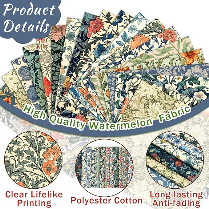 HunnmingRe 20 Pcs 10''x10'' Vintage William Morris Flowers Quilting Fabric Square William Morris Quiltted Fabric Bundle Multicolor Precuts Printed Patchwork Supplies for Holiday DIY Sewing Craft