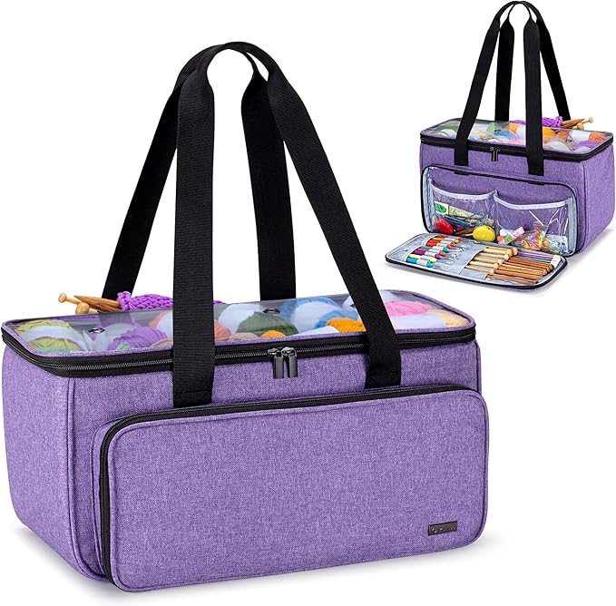 Yarwo Knitting Yarn Bag, Crochet Tote with Pocket for WIP projects, Knitting Needles(Up to 14”) and Skeins of Yarn, Christmas & New Beginnings Gifts for Women, Purple (Bag Only)