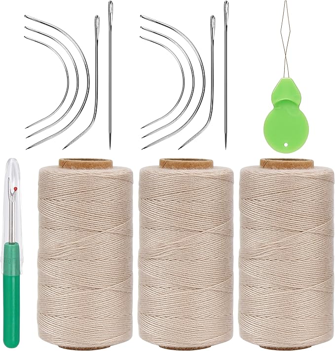 Lusecarl Needle and Thread for Hair Extensions 3 Rolls Hair Weave Sewing Threads with 10 Pcs C J I Shape Curved Upholstery Needles for Hand Sewing, Hair Extensions, Making Wigs DIY (10+3, Blond)
