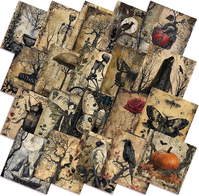 HunnmingRe 20 Pcs 10''x10'' Halloween Quilting Fabric Square Skeleton Butterfly Rose Heart Quiltted Fabric Bundle Black Precuts Printed Patchwork Supplies for Holiday DIY Sewing Craft