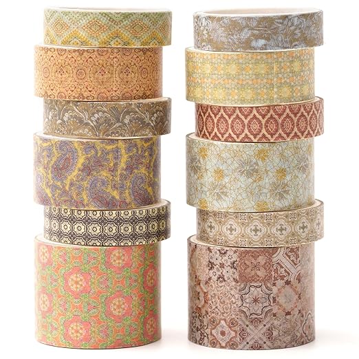 12 Rolls Exotic Charm Washi Tape Set Floral Arts Adhesive Tapes Geometric Garden Decorative Masking Tape Sets for Craft, Kids, Scrapbook, DIY, Gift Wrapping (Gilded Radiance)