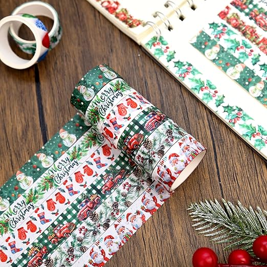 Christmas Washi Tape Set,12 Rolls Floral Watercolor Plants Decorative Tape Santa Claus Snowman Gift Masking Tape for Journaling Supplies,Journal, Scrapbooking,DIY Arts & Crafts,Gift Wrapping