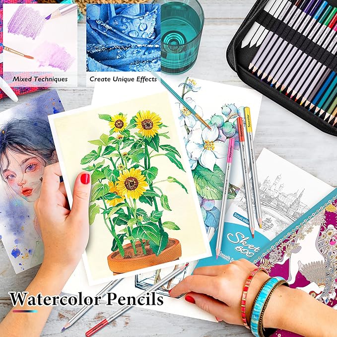 Soucolor 73 Pack Art Supplies Sketching Kit for Adults Gifts, Drawing Sketching Pencils with Sketchbook, Coloring Book, Colored Watercolor Metallic Graphite Charcoal Pencils