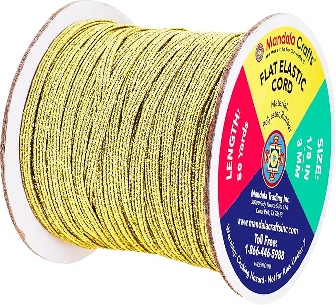 Mandala Crafts 3mm 50 Yds Roll of Metallic Gold Elastic Bands for Sewing - 1/8 Flat Elastics Cord - 1 8 Inch Braided Stretch Straps for Crafting