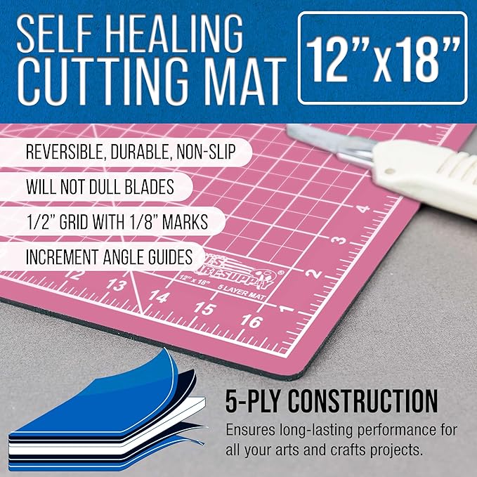U.S. Art Supply 12" x 18" Self-Healing Cutting Mat 5-Ply - Double-Sided Pink/Blue Craft Mat, Non-Slip Cutting Mats for Crafts, Sewing, Quilting, Scrapbooking