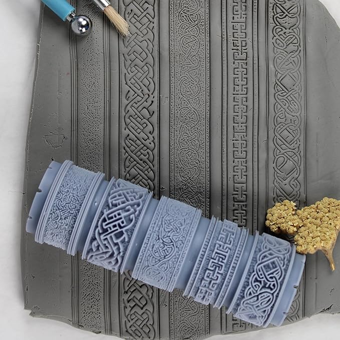 Celtic Manuscript Clay Texture Roller (4") - Seamless Border Set #01 - Embossing Pattern Roller for Polymer & Ceramic Clay, Pottery & Crafts