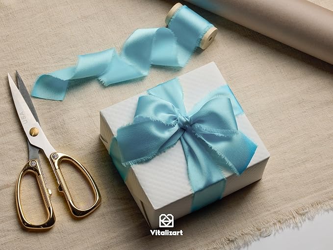 Vitalizart Silk Satin Ribbon 1-1/2 inch Baby Blue Handmade Frayed Ribbons for Gift Wrapping Baby Shower Wedding Bridal Bouquets Holiday Decor 15 Yard