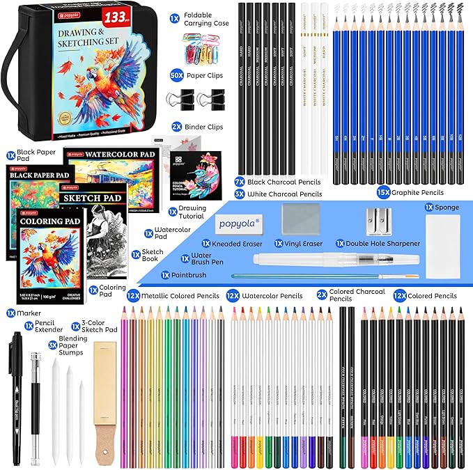133 Pack Drawing Set Sketching Kit, Pro Art Supplies with Sketch Book, Coloring Book, Watercolor Pad, Black Paper Pad, Graphite Colored Charcoal Watercolor & Metallic Pencils, for Artists Adults Kids