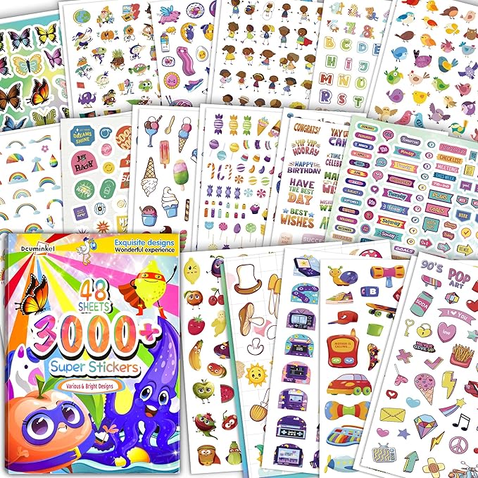 Stickers for Kids, Dcuminkel 3000+ Cute Stickers, 48 Sheets Super Colorful Stickers for Kids, Students, Teachers, Adults, Teens.Great Gift forTeens’s Birthday, Christmas Halloween or Holiday.