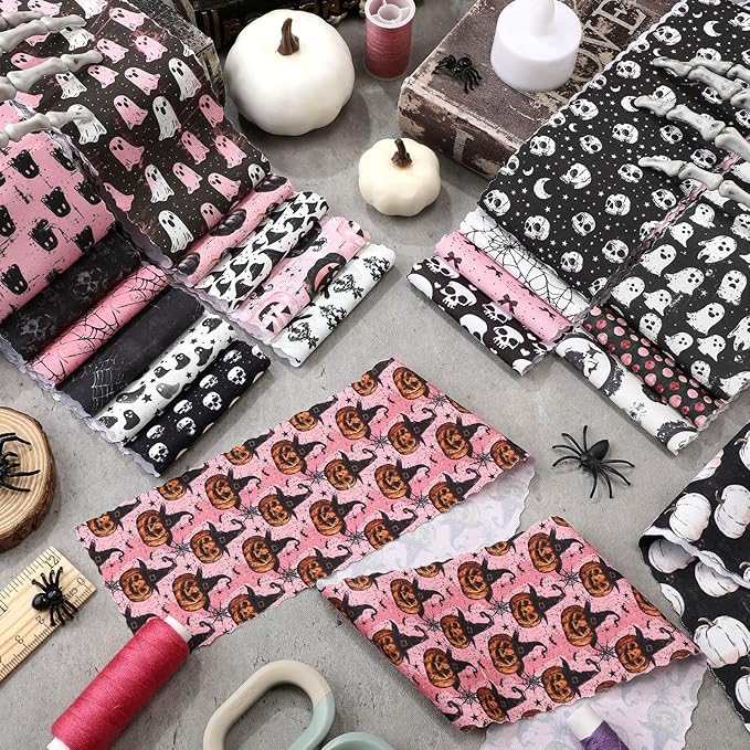 Ganeen 100 Pcs Pink Gothic Christmas Quilting Fabric Roll Retro Ghost Pumpkin 2.56 Inch Fabric Squares Jelly Patchwork Precut Strips Bundles for Halloween Materials Craft DIY Sewing Cloths