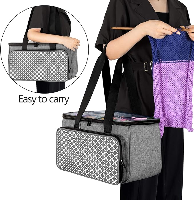 Yarwo Knitting Yarn Bag, Crochet Tote with Pocket for WIP projects, Knitting Needles(Up to 14”) and Skeins of Yarn, Gray with Grid (Bag Only)