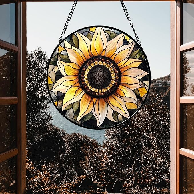 Stained Glass Window Hanging - Sunflower Suncatcher for Door Garden Patio Retro Flower Sun Catchers Decor Christmas Mother's Day Birthday Gifts for Women Mom Nana Friend Wife 6.3 in