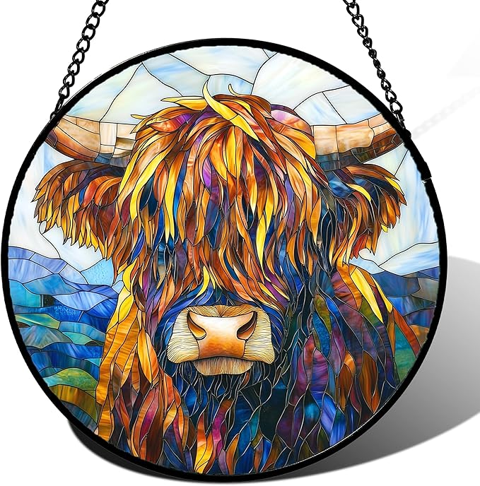 Stained Glass Window Hanging - Highland Cattle Suncatcher for Door Terrace Garden Home Decor Western Style Brown Cow Sun Catcher Birthday Gifts for Lovers Women Men Dad Mom Nana 11.8 in