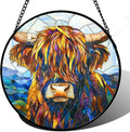 Stained Glass Window Hanging - Highland Cattle Suncatcher for Door Terrace Garden Home Decor Western Style Brown Cow Sun Catcher Birthday Gifts for Lovers Women Men Dad Mom Nana 9.8 in