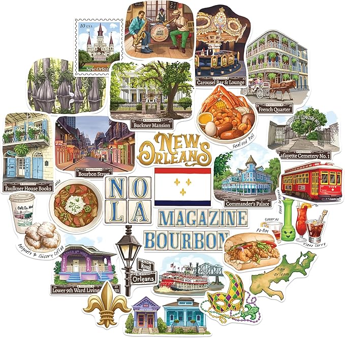 Navy Peony Jazzy New Orleans Travel Stickers (28pcs) - Big Easy, NOLA, America City-Themed Vacation Stickers for Scrapbooking, Journals, Suitcase