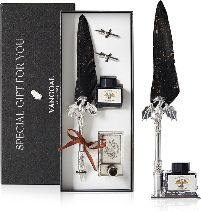 VANGOAL Dragon Quill Pen and Ink Set, Vintage Dragon Feather Dip Pen Calligraphy Gift Set for Writing, Drawing, Desktop Decoration (Black)