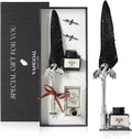 VANGOAL Dragon Quill Pen and Ink Set, Vintage Dragon Feather Dip Pen Calligraphy Gift Set for Writing, Drawing, Desktop Decoration (Black)
