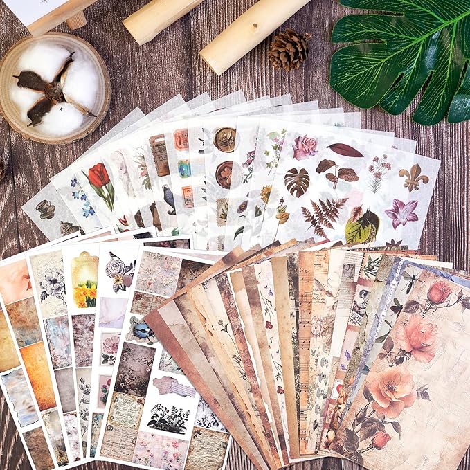 Vintage Cottagecore Stickers Set - 38 Sheets Retro Floral, Botanical Animal Washi Stickers & Writing Antique Scrapbook Paper for Journaling, Crafting, Art Projects