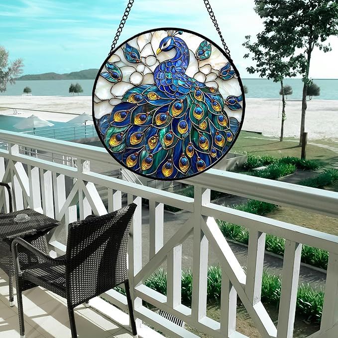 Stained Glass Window Hanging - Peacock Blue Gold Feathers Sun Catcher for Door Garden Home Decor Bird Suncatcher Christmas Mother's Day Birthday Gifts for Women Men Mom Nana 11.8 in