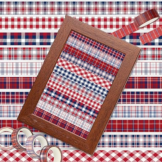 12 Rolls Christmas Basic Grid Washi Tape Set, Red Blue White Plaids Decorative Paper Stickers for Thanksgiving Independence Day Scrapbook Journaling DIY Art Crafts Gift Wrapping 16.4FT