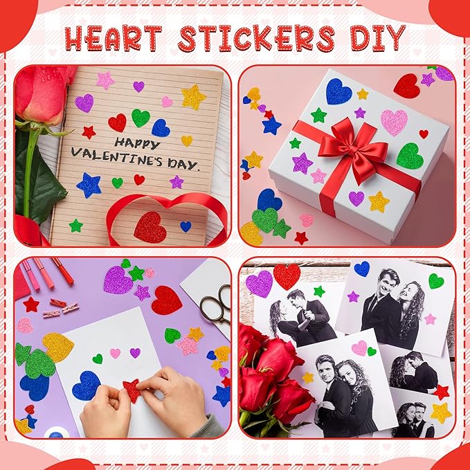 300 PCS Glitter Heart Stickers, Colorful Self Adhesive Foam Star Heart Stickers, Arts Craft Mini Star Bulk for Valentine Crafts DIY Greeting Card Envelopes Scrapbooking