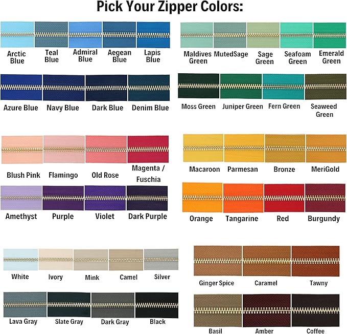 #5 Gold Metal Zipper - 50+ Colors - 3 PCS - (4-14 inches) Sizes - Luxury Lightweight Handcraft Metal Zippers with pulls for Purses Bags Pockets Shoes Sewing & Crafts DIY ZP02364
