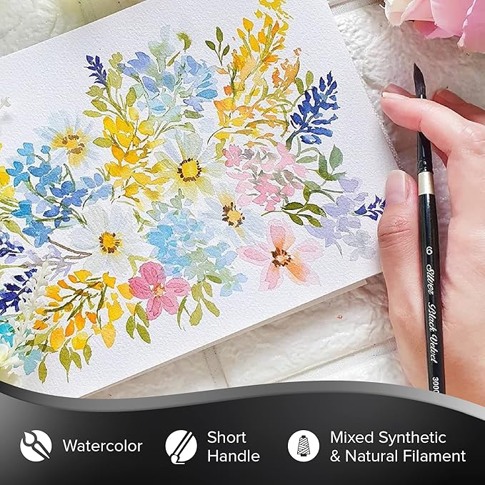 Silver Brush Limited 3000S-6 Black Velvet Round Paintbrush for Watercolor, Gouache, Inks, & Dyes, Size 6, Short Handle