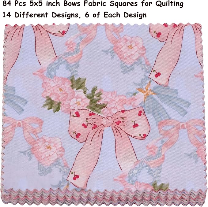 Hanjunzhao Blue Pink Bow Fabric Charm Packs for Quilting 5 inch - 84 5" Charm Squares - Cotton Fabric Quilt Squares 5x5 for Quilting, Sewing, DIY Bowknot, Hair Accessories, Holiday Party Decor, Bows