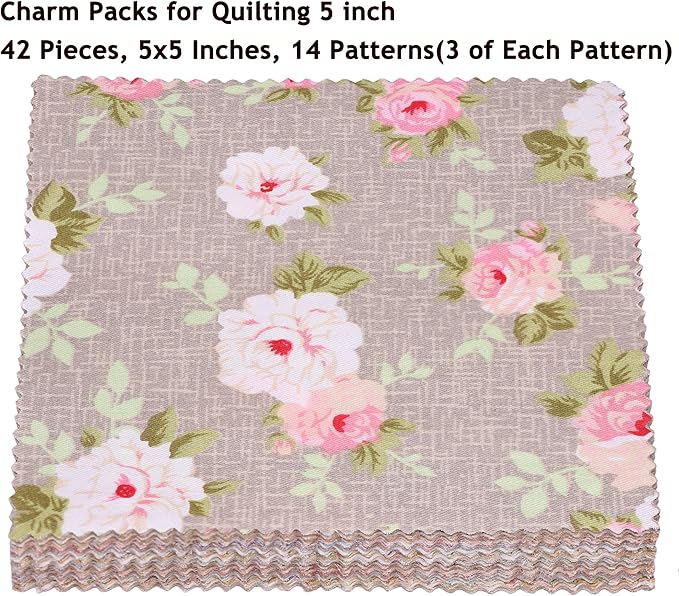 Charm Packs for Quilting 5 inch, Vintage Floral Print Cotton Quilting Fabric Squares 5x5, 42 5 inch Charm Squares, Precuts 5x5 Quilt Fabric for Quilting, Patchwork, Crafts, and Home Decor