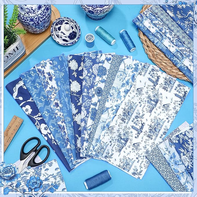 Oudain 60 Pcs 10 x 10 Inch Blue and White Quilting Fabric Squares Chinoiserie Fat Patchwork Chinoiserie Precut Strips Vintage Porcelain Fabric Bundles for Christmas DIY Xmas Craft Sewing Material