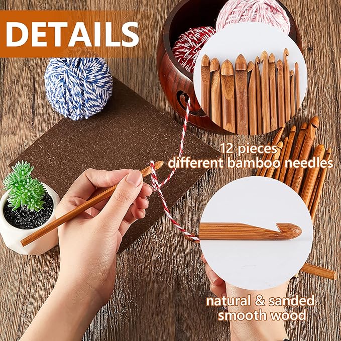 2 Sets Wooden Yarn Bowl Crochet Bowl Bamboo Handmade Knitting Wool Storage Round Rosewood Yarn Bowl with Holes 12 Pieces Crochet Hooks for Knitting Crocheting DIY Arts Crafts Tools Supplies