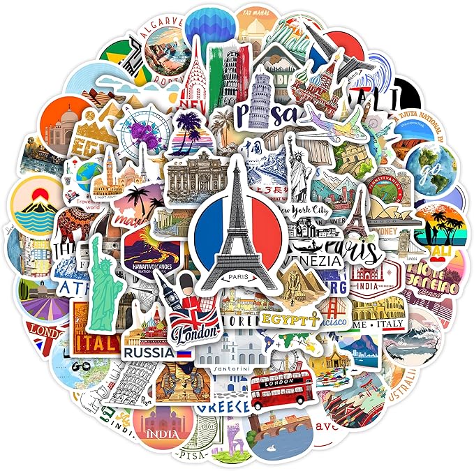 World Featured Architecture Sticker Pack, 100 Pcs Waterproof Vinyl Map Water Bottle Phone Case Laptop Decals, Travel Stickers for Girls Kids Teens Adults, Vintage Aesthetic