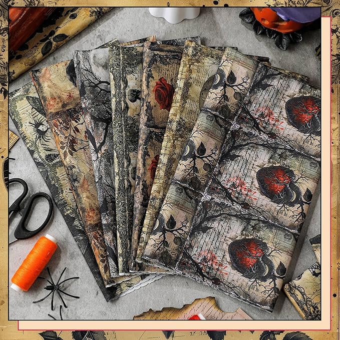 Hahafelt 10 Pcs 18'' x 22'' Vintage Halloween Quilting Fabric Squares Spooky Gothic Retro Halloween Precut Fabric Bundle Skeleton Crow Butterfly Rose Heart for DIY Craft Sewing Quilt Material Handmade
