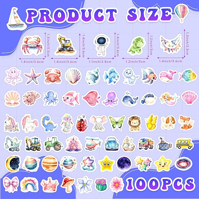 100 Pcs Glow in The Dark Cartoon Water Bottle Stickers for Kids, Cute Waterproof Vinyl Laptop Decals, Kawaii Animals Plants Natural Elements Decorative Sticker Packs