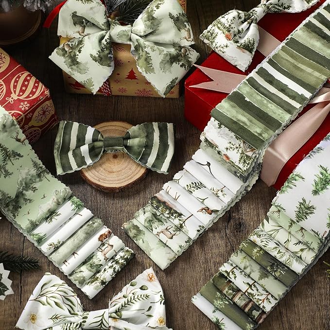 40 Pcs Sage Green Christmas Quilting Fabric Roll 2.56 Inch Watercolor Woodland Precut Fabric Squares Jelly Forest Reindeer Patchwork Strips Quit Material for Winter Xmas Craft Sewing DIY