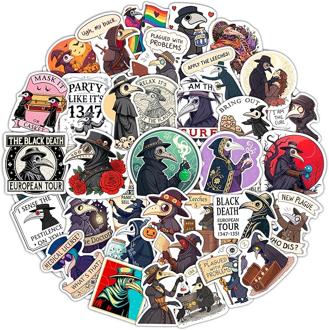 100Pcs Plague Doctor Stickers for Water Bottle, Laptop - Plaque Doctor Decoration & Party Supplies - Spooky Stickers - Gift for Women & Men