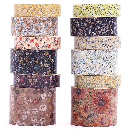 12 Rolls Flowers Washi Tape Set Floral Arts Adhesive Tapes Blooming Garden Decorative Masking Tape Sets for Craft, Kids, Scrapbook, DIY, Gift Wrapping (Earth Dye)