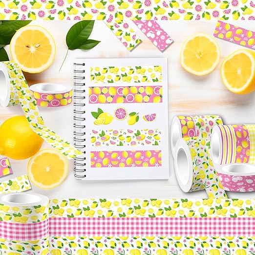 12Rolls Pink Lemon Patterns Washi Tape Set, Fruit Lemon Decorative Wahi Tape Sticker for DIY Arts Crafts, Jounal Book, Scrapbooking Card Making Supplies