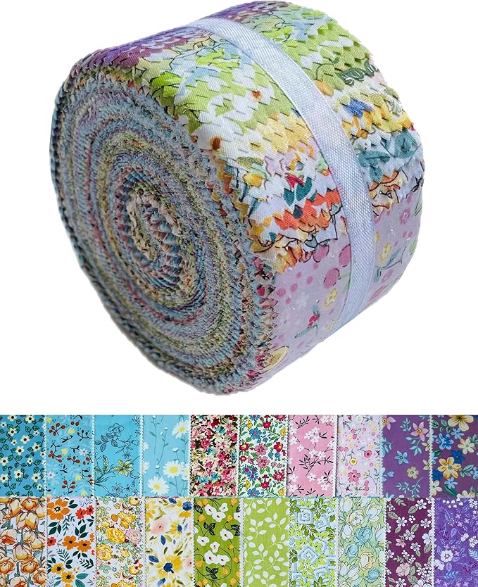 LUMANSUO Jelly Roll Fabric - 20 Assorted Floral Prints, 100% Cotton, 40 Pre-Cut Strips (2.5 x 44 Inch) Fabric for Quilting and Sewing， Colorful