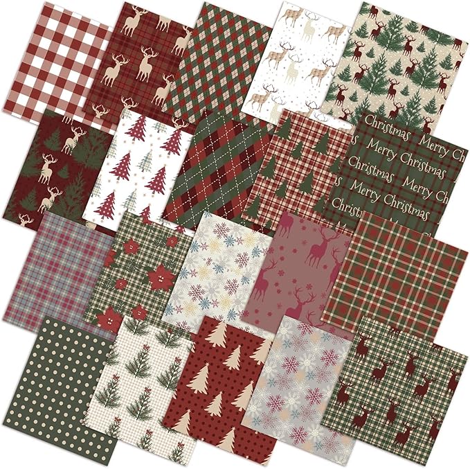 10''x10'' Christmas Woodland Quilting Fabric Square Vintage Plaid Precut Quilted Fabric Bundle Reindeer Poinsettia Patchwork Supplies for Winter Xmas Handmade DIY Craft Sewing Material