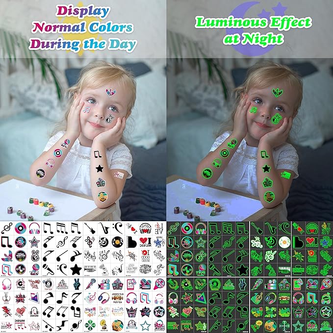 96PCS Music Note Notes Musical Pre-Cut Luminous Glow in the dark Temporary Tattoos for Kids Birthday Themed Party Supplies Decorations Favors Super Cute Instrument Stickers Tattoo Gifts for Boys Girls