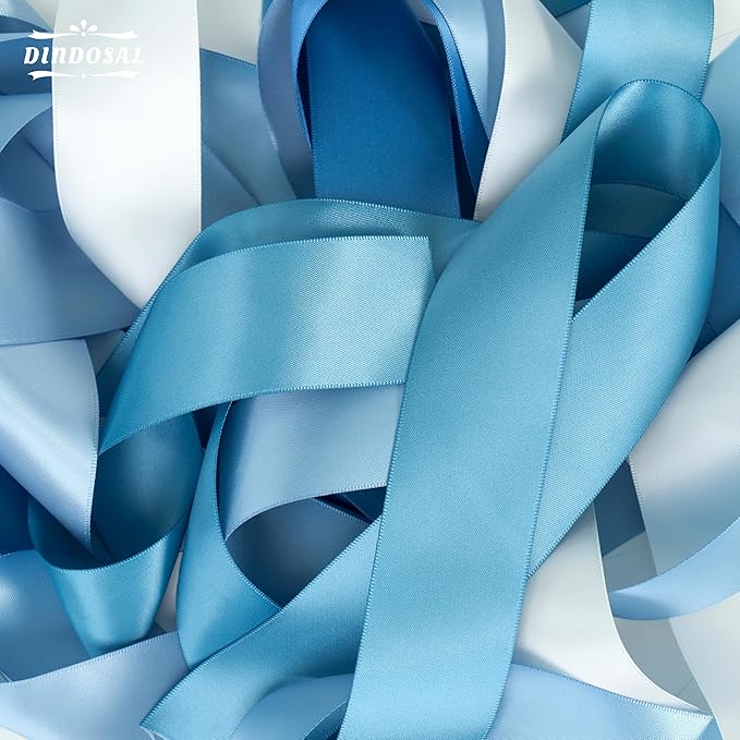 Dusty Blue Satin Ribbon - 1 1/2 Inch, 5 Rolls Assortment for Wedding, Flower Bouquet, Gift Wrapping, Hair Bow Crafts - 25 Yards