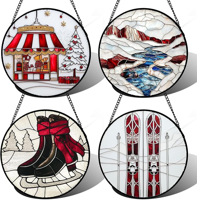 Stained Glass Window Hanging 4 Pcs Set Winter Skiing Red Christmas House 7.8" - Suncatcher Door Garden Sun Catcher Decor Birthday Mother's Day for Mom Woman Nana Friend