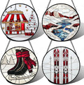 Stained Glass Window Hanging 4 Pcs Set Winter Skiing Red Christmas House Large 15" - Suncatcher Door Garden Sun Catcher Decor Birthday Mother's Day for Mom Woman Nana Friend